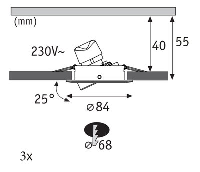 Technical drawing of adjustable recessed spotlight with 84 mm diameter and 25-degree tilt angle