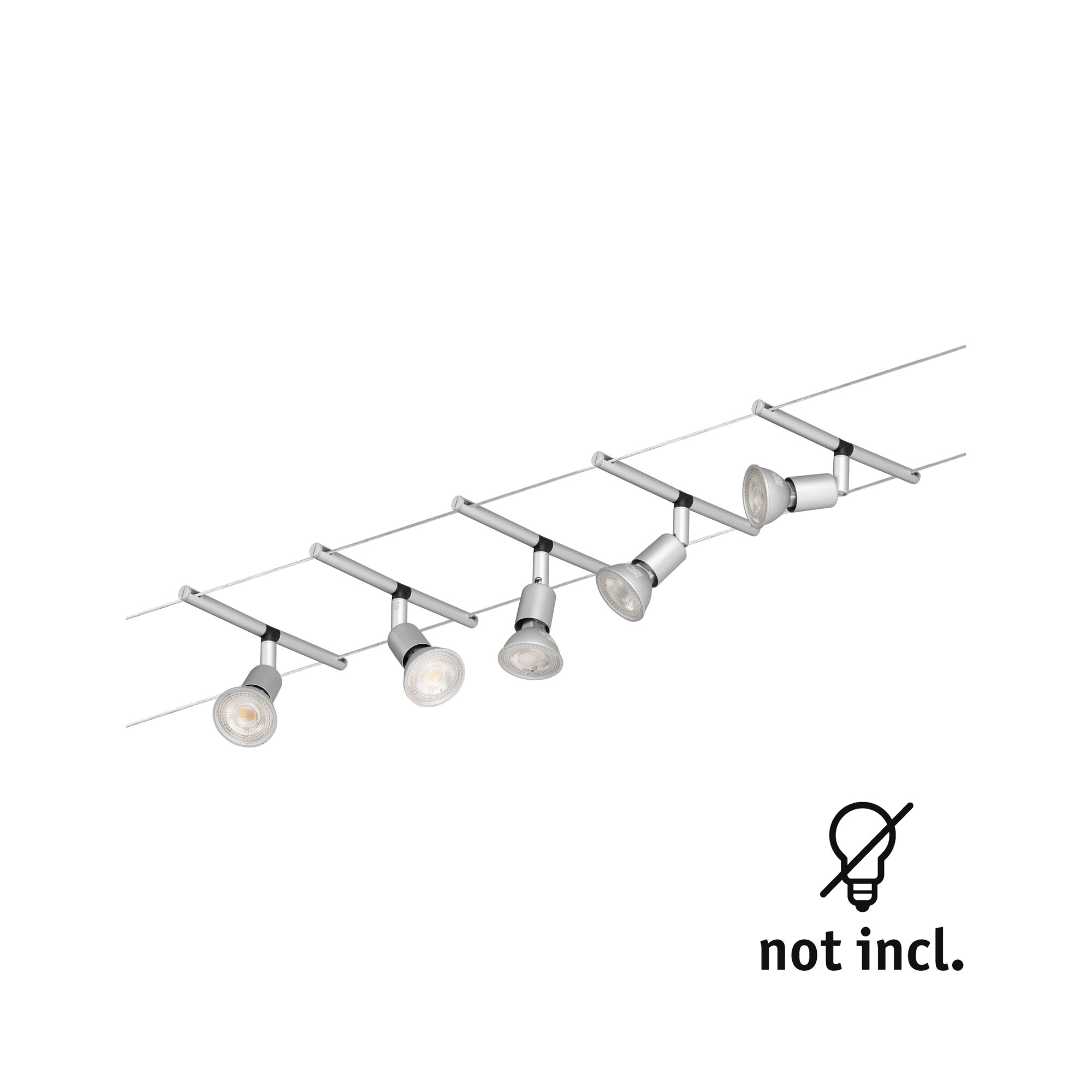 Modern cable lighting system with five silver LED spotlights without bulbs for versatile room lighting
