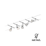 Modern cable lighting system with five silver LED spotlights without bulbs for versatile room lighting