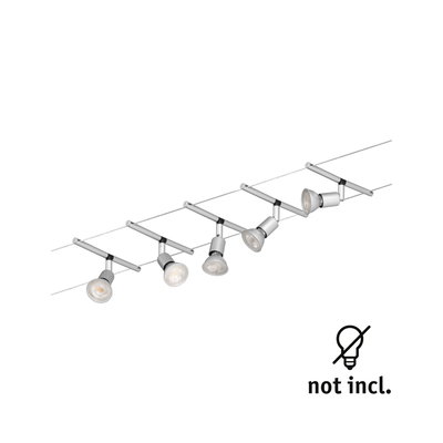 Modern cable lighting system with five silver LED spotlights without bulbs for versatile room lighting