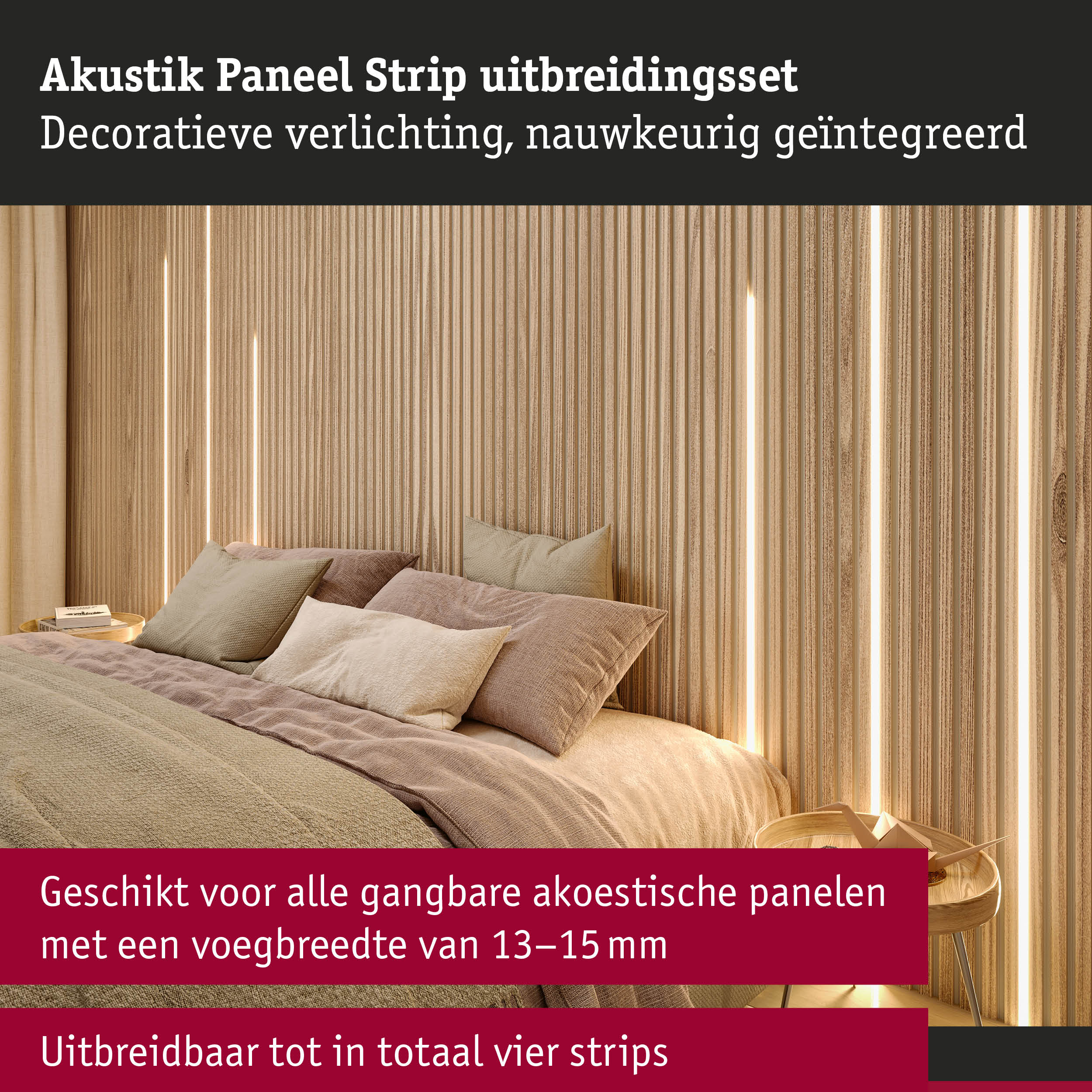 Akustiek paneel strip uitbreidingsset met decoratieve geïntegreerde verlichting in houtlook voor wanddesign