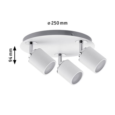 Three-light white metal ceiling spotlight with adjustable heads and 250 mm diameter