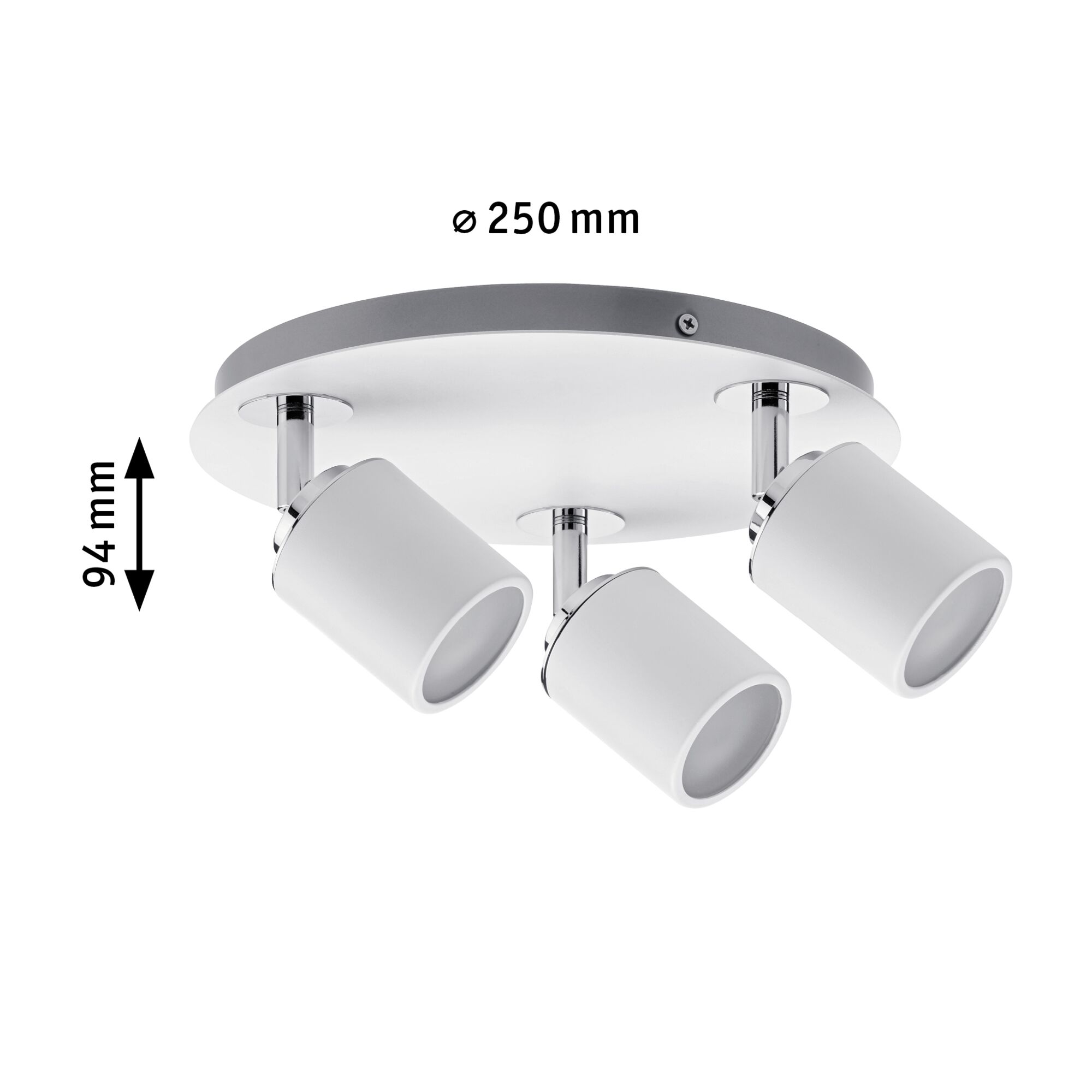 Three-light white metal ceiling spotlight with adjustable heads and 250 mm diameter