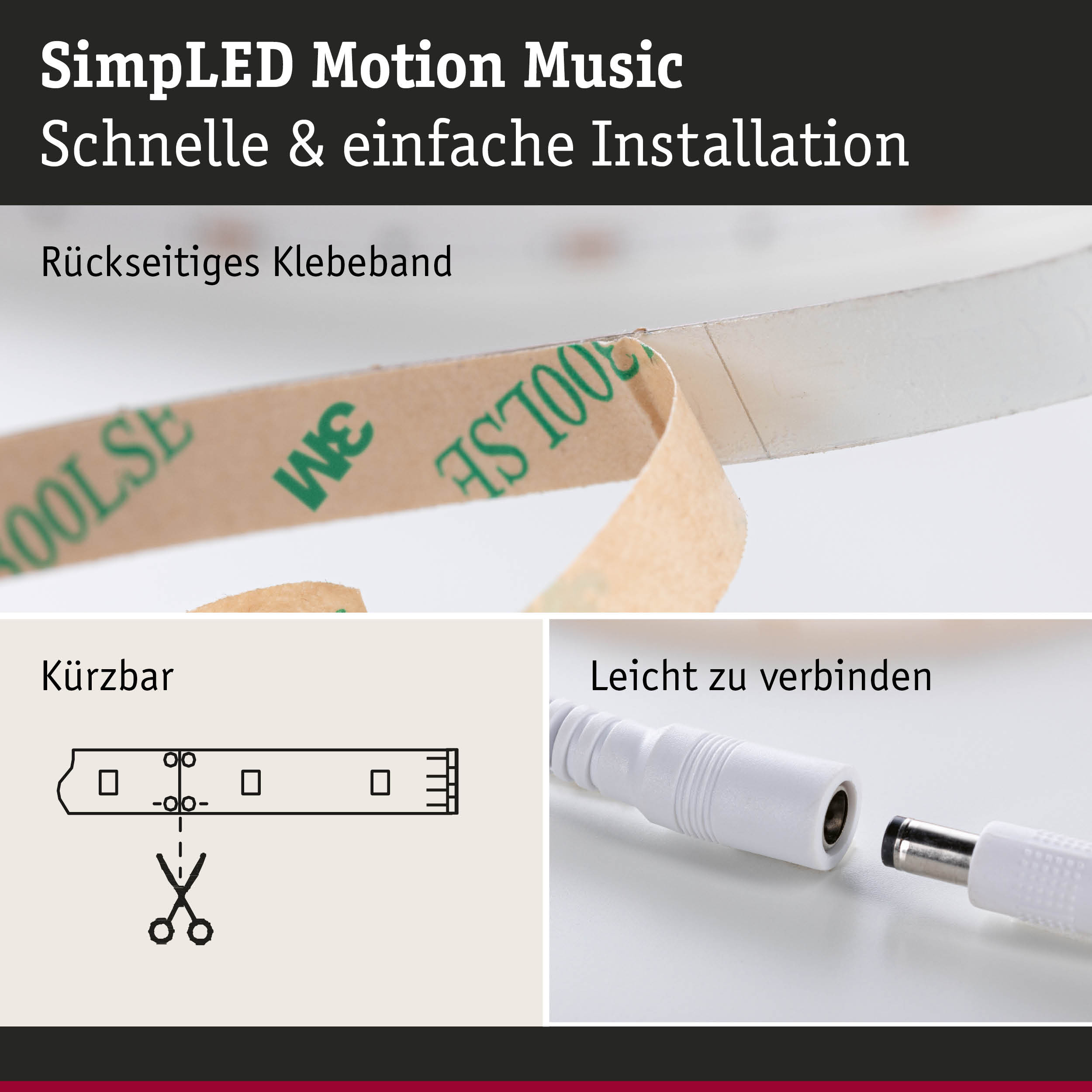 Klebeband mit Rückseite für einfache Installation von LED-Beleuchtung mit weißem Kabelanschluss