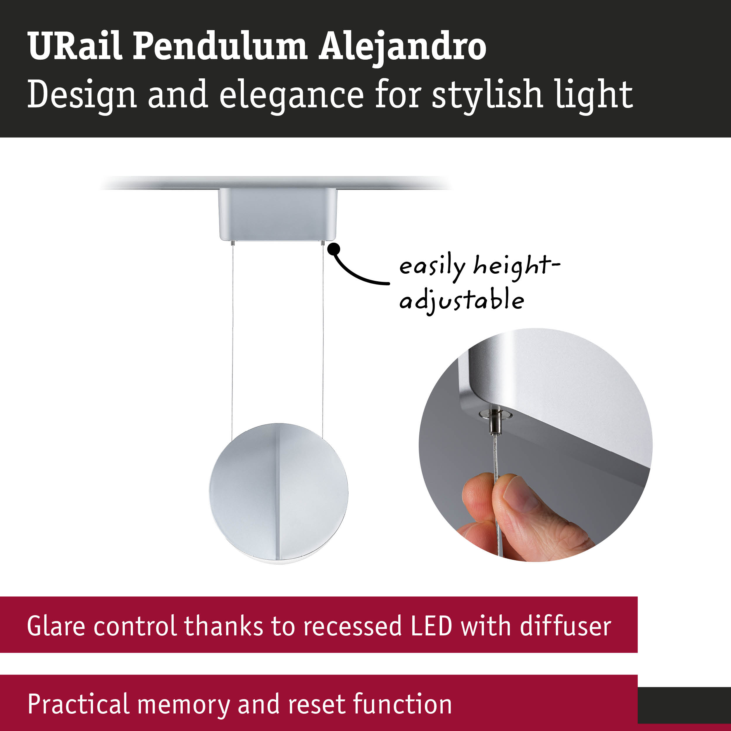 URail Pendulum Alejandro silver pendant light with height-adjustable cable and recessed LED diffuser