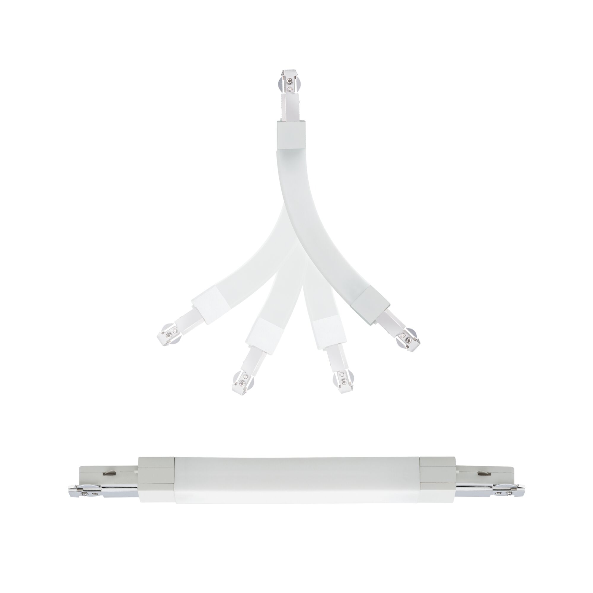 Witte flexibele LED-connector van kunststof voor railsystemen, verstelbaar en duurzaam