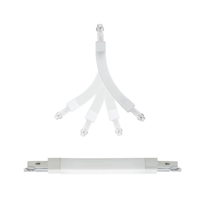 White flexible LED connector made of plastic for track lighting systems, adjustable and durable
