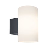 Modern wall light with white glass cylinder and black metal mount for stylish indoor lighting