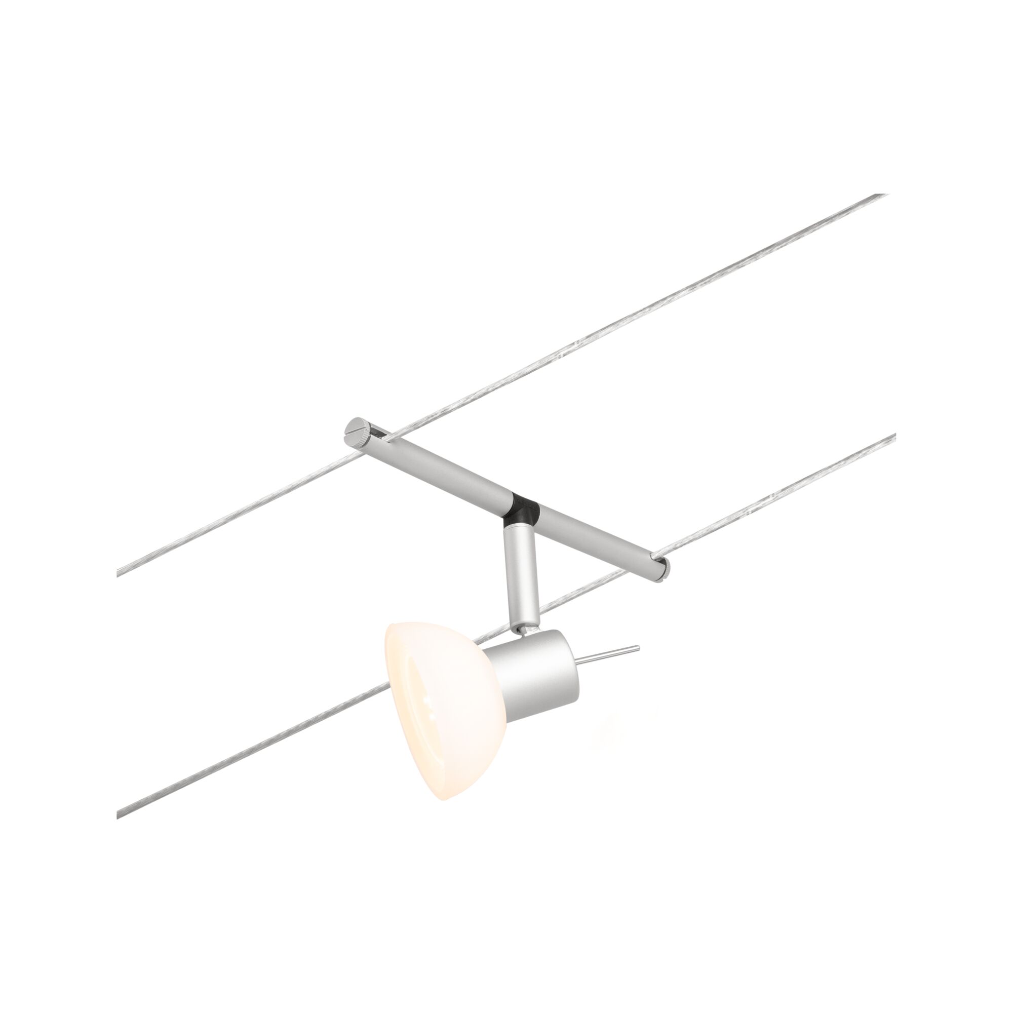 Modern cable spotlight with matte silver aluminum body and white glass for flexible lighting solutions
