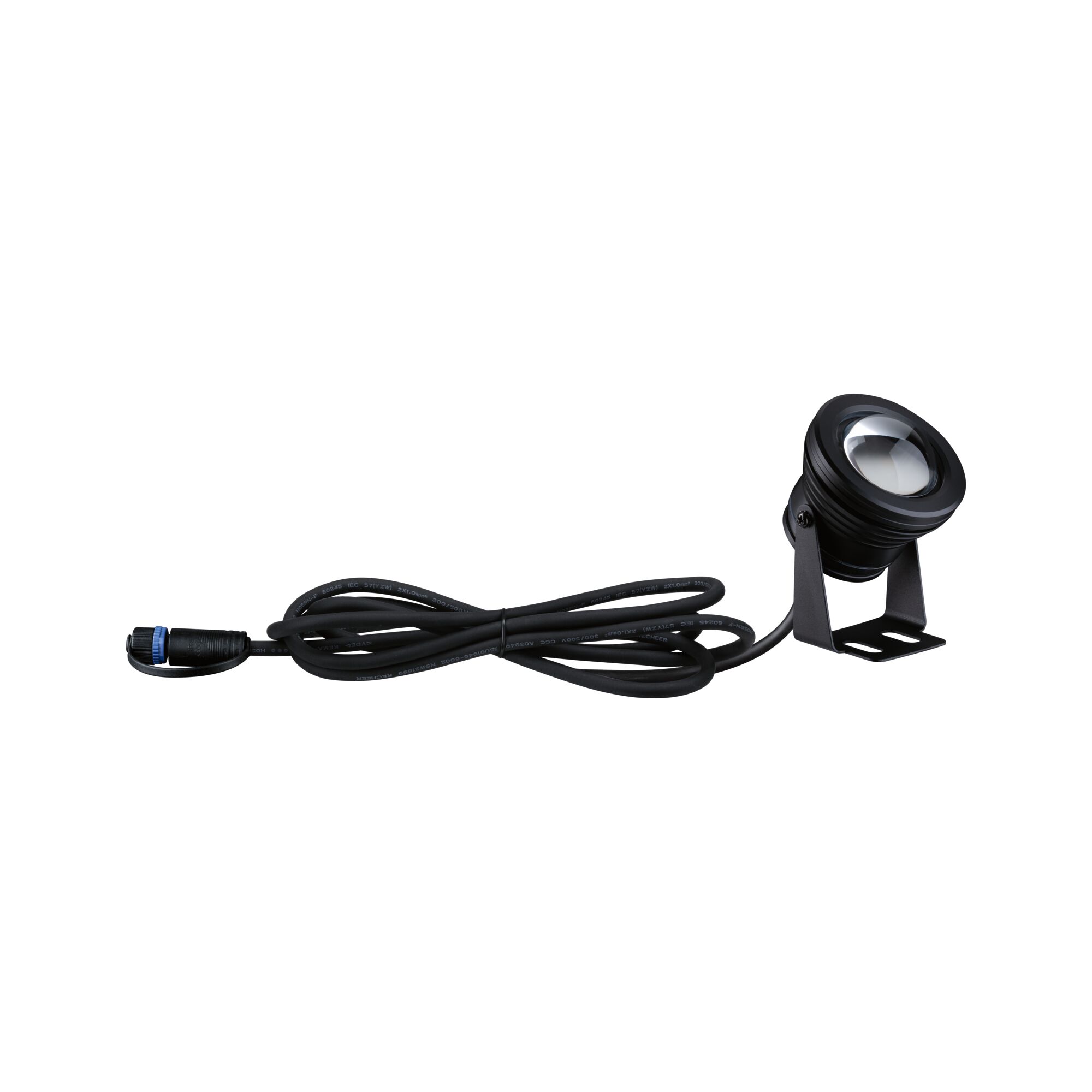 Black metal LED spotlight with long cable for flexible outdoor lighting and garden illumination.