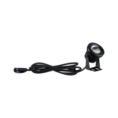 Black metal LED spotlight with long cable for flexible outdoor lighting and garden illumination.
