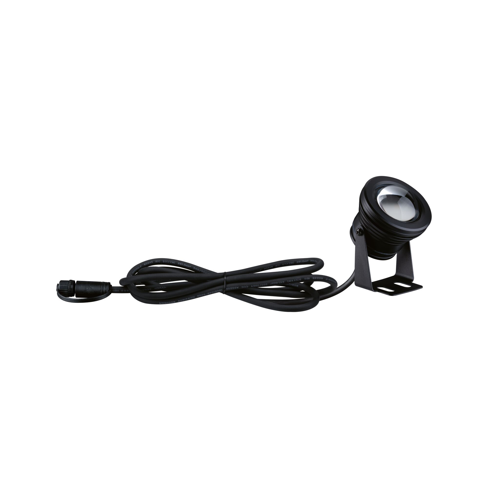 Schwarzer LED-Strahler aus Metall mit langem Kabel für flexible Außenbeleuchtung und Gartenlicht.
