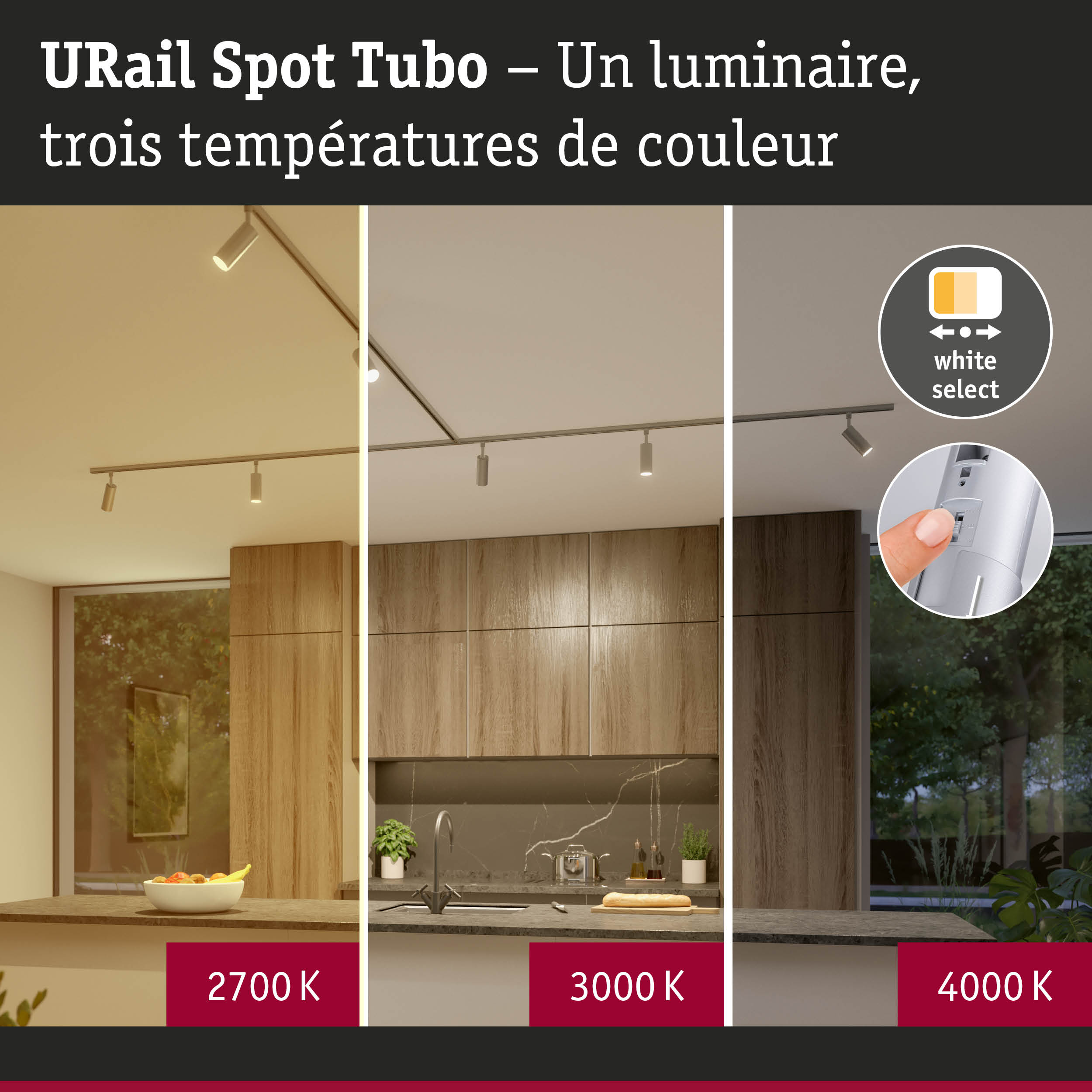 URail Spot Tubo spot LED blanc avec trois températures de couleur réglables pour l'éclairage intérieur