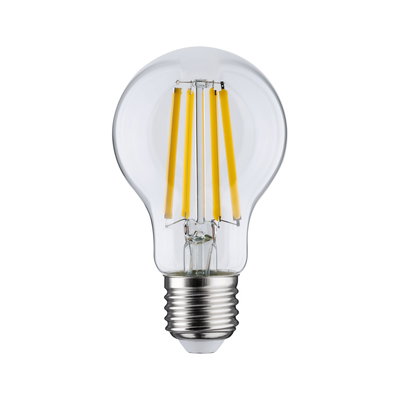 Klassisk LED-pære med klart glas og gule filamenter, energieffektiv belysningsløsning