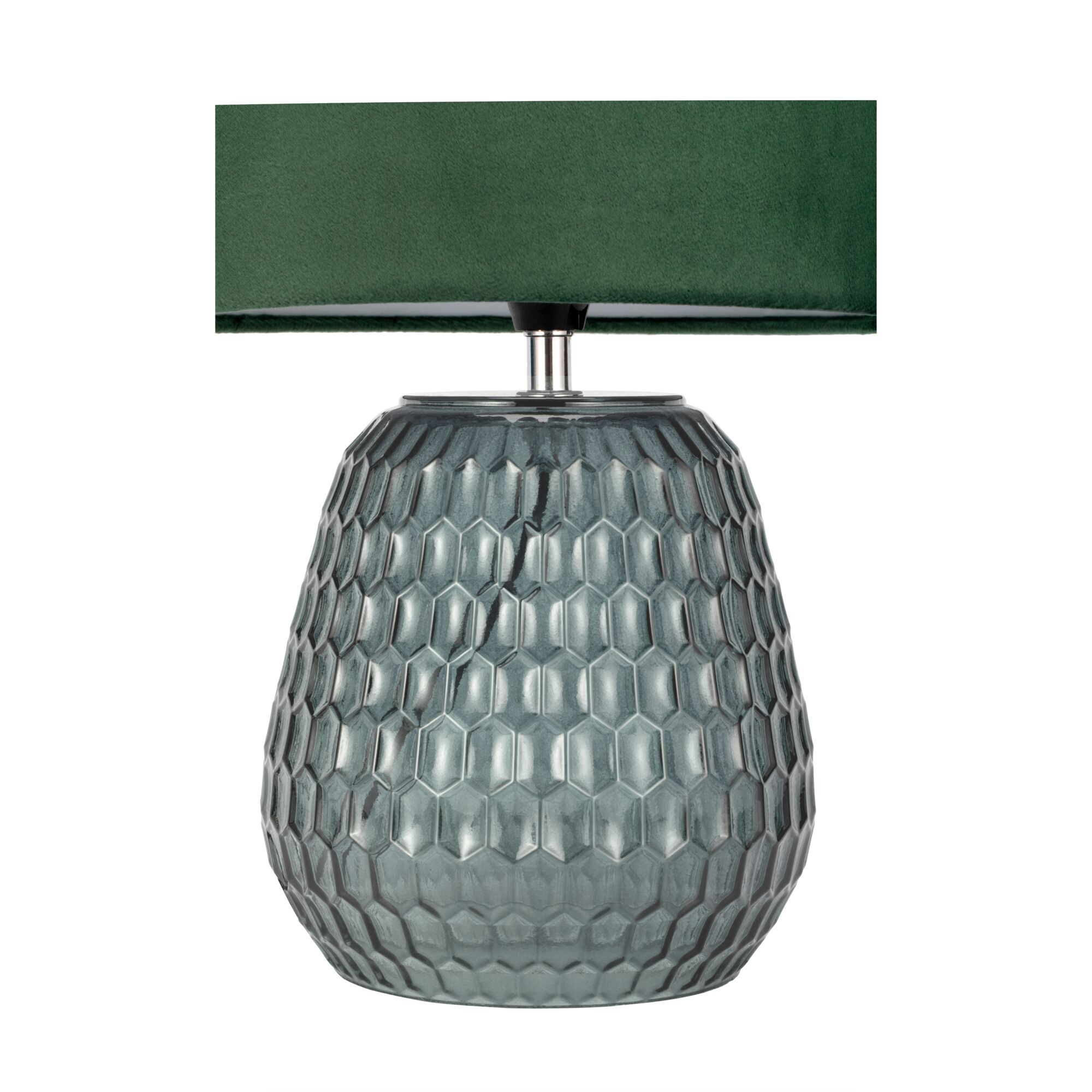 Tafellamp met groene fluwelen kap en grijze gestructureerde glazen voet voor stijlvolle verlichting