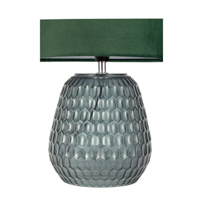 Table lamp with green velvet shade and grey textured glass base for elegant home lighting