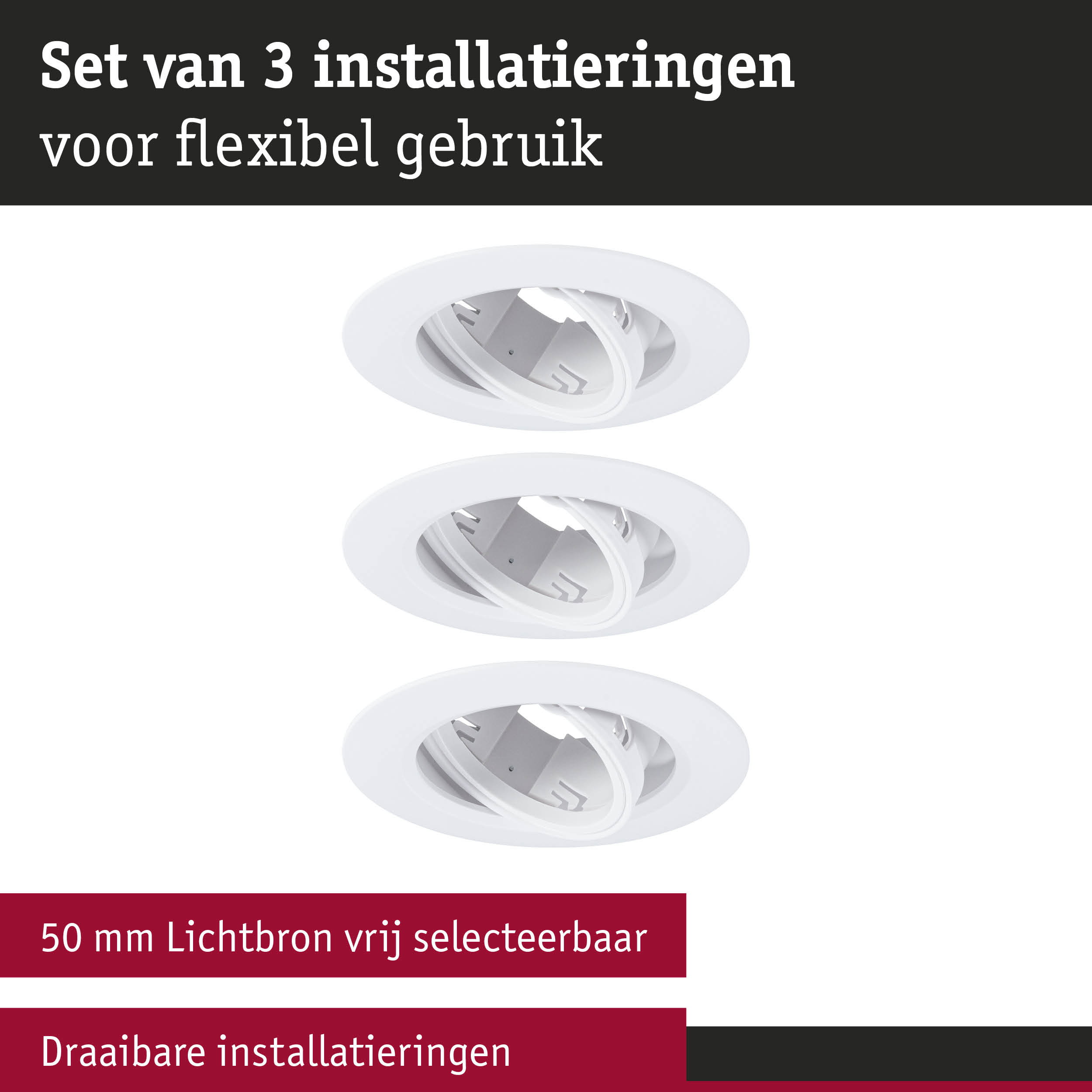 Set van 3 witte, draaibare inbouwspots met 50 mm lichtbron voor flexibel gebruik