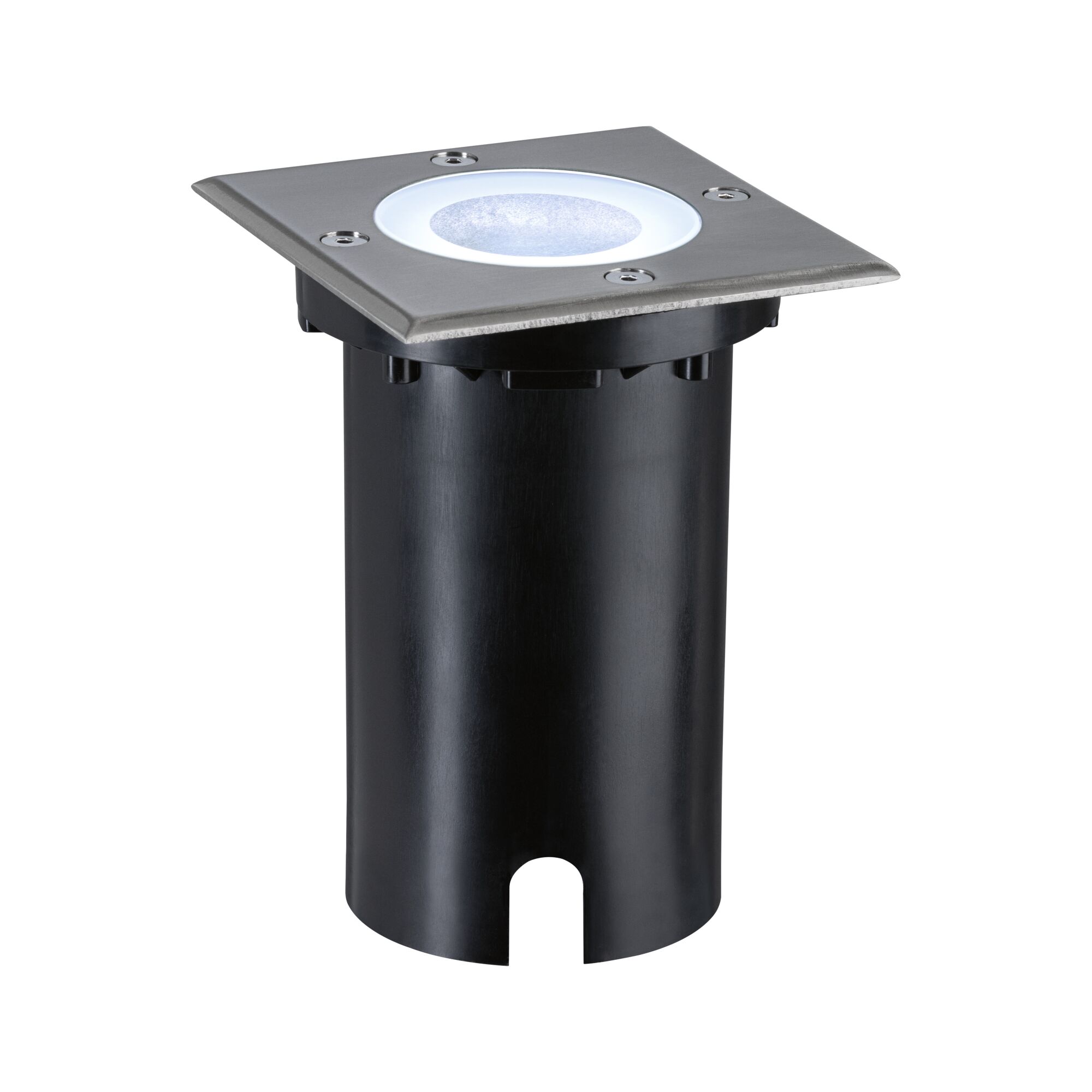 Recessed LED floor light with stainless steel and black plastic housing for outdoor use