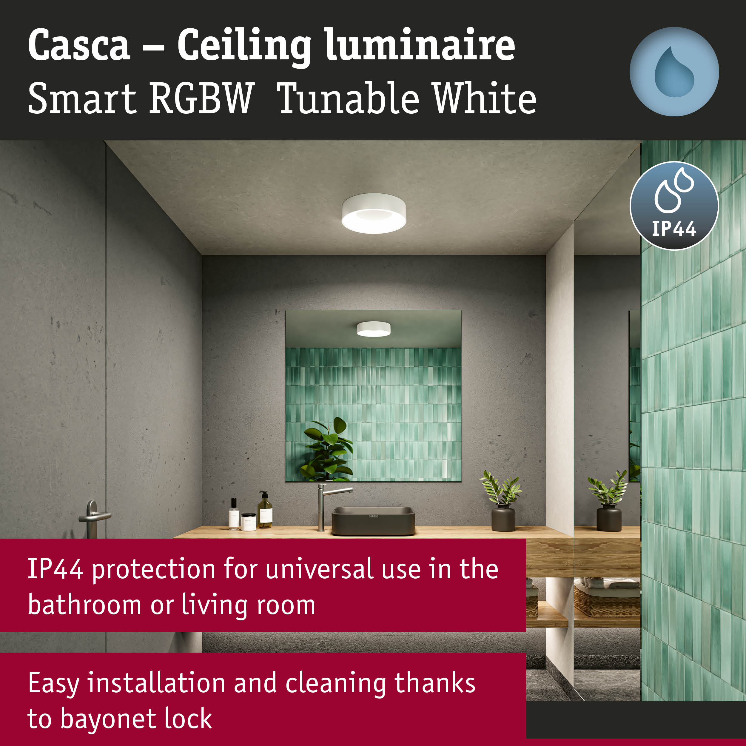 Casca white ceiling luminaire with IP44 protection, suitable for bathroom and living room, easy installation