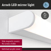 White Arneb LED mirror light with satinised acrylic cover and magnetic side covers for bathroom