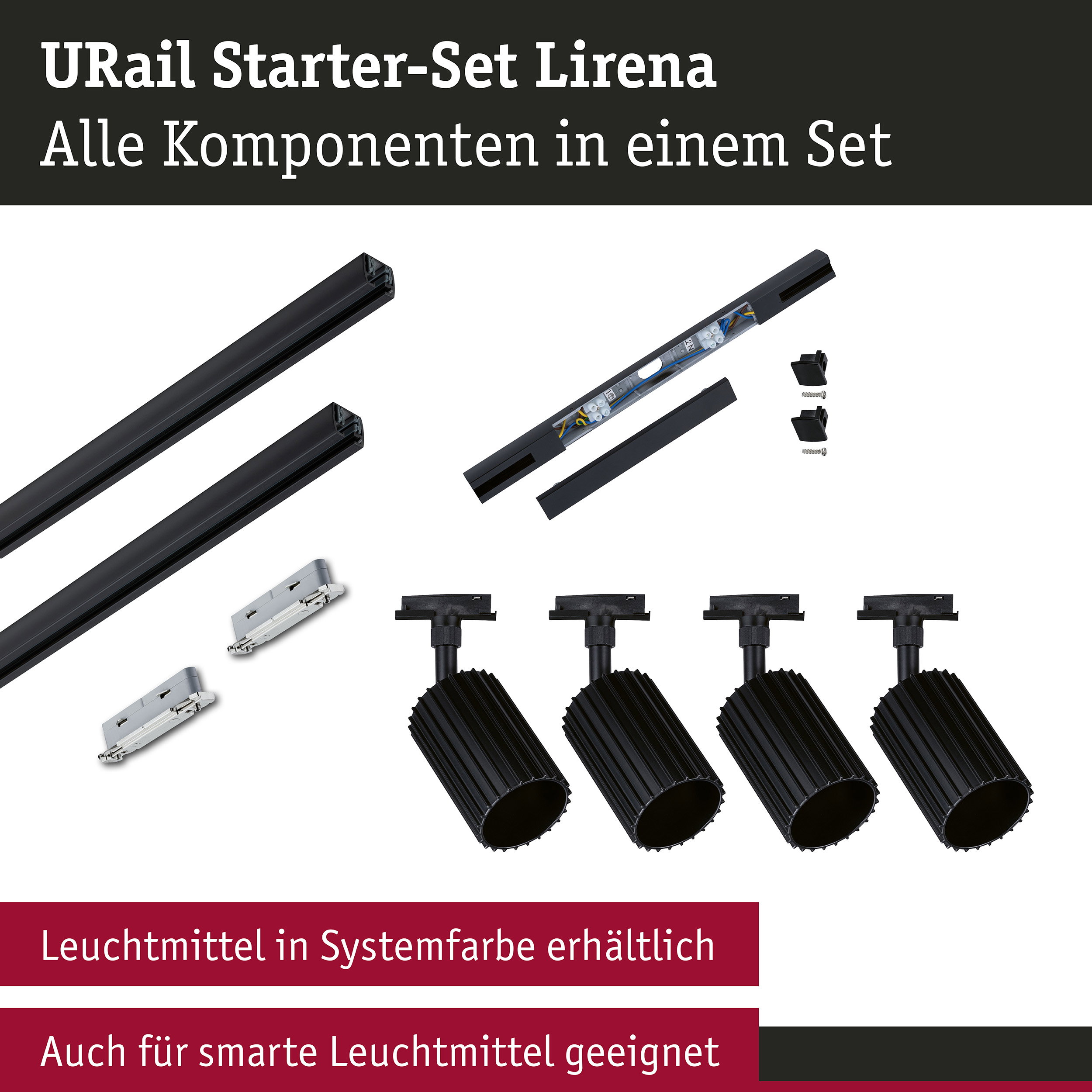 URail Schienenspot Lirena Starterset Mitteleinspeisung GU10 max. 10W 230V Schwarz matt