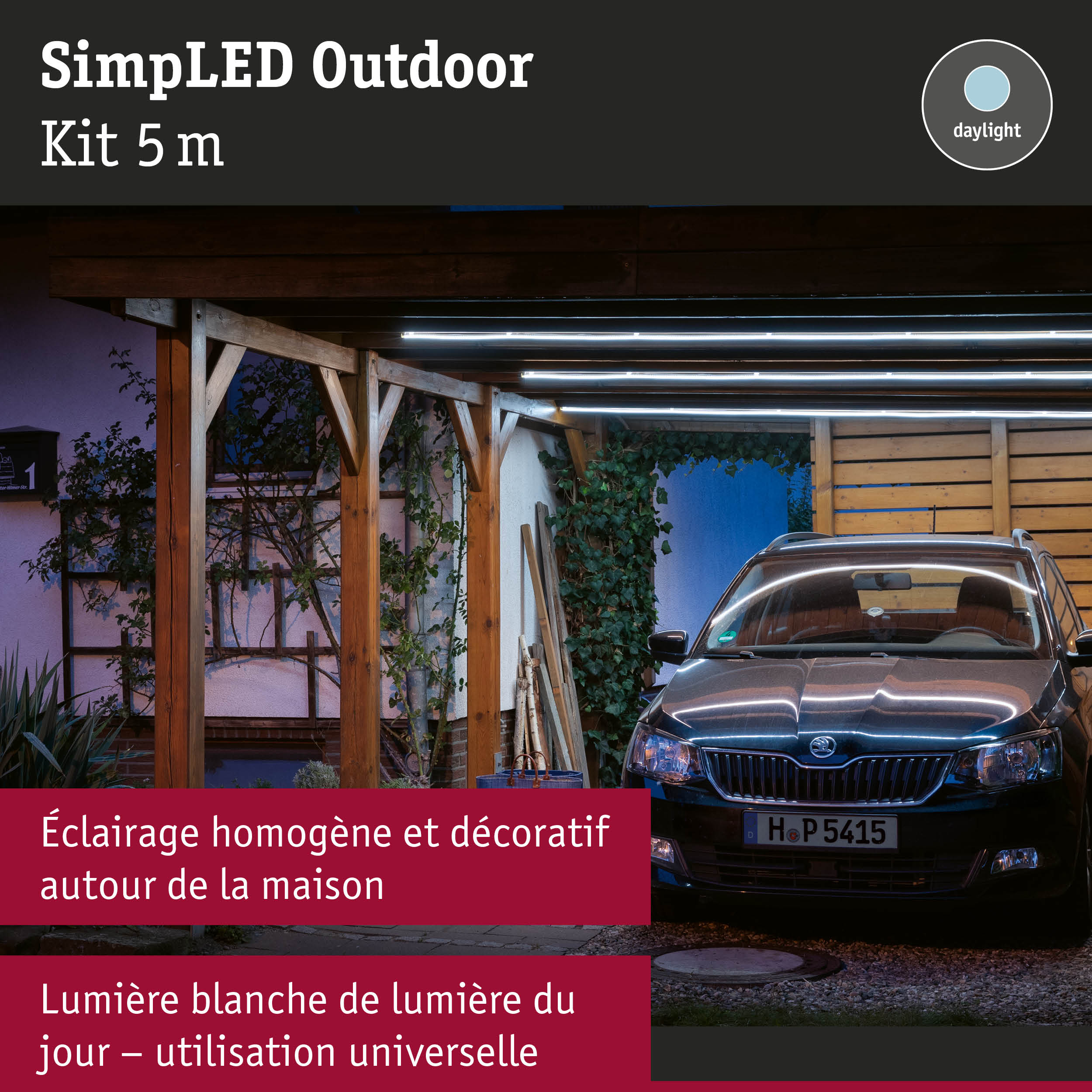 Kit LED extérieur 5 m en lumière blanche du jour pour éclairage décoratif et homogène du jardin
