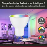 Ampoule LED intelligente blanche avec couleurs RGBW, dimmable et blanc réglable pour éclairage domestique.