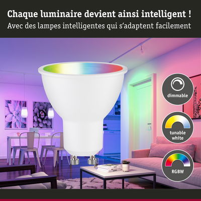 Ampoule LED intelligente blanche avec couleurs RGBW, dimmable et blanc réglable pour éclairage domestique.