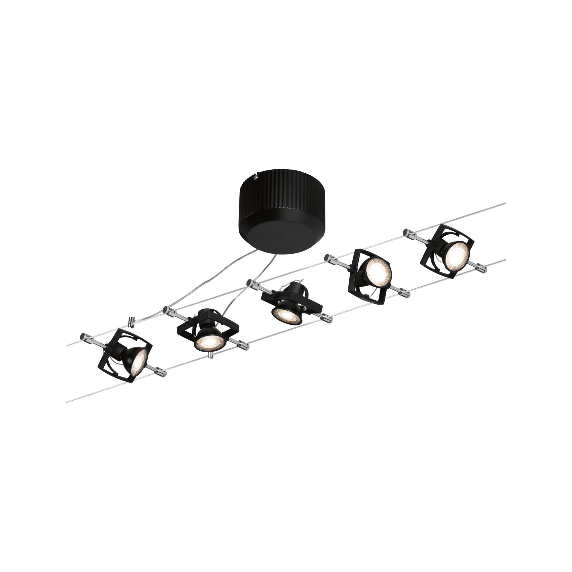 Schwarzes Kabelstrahler-Set mit fünf verstellbaren LED-Spots und Metallseilen für moderne Beleuchtung
