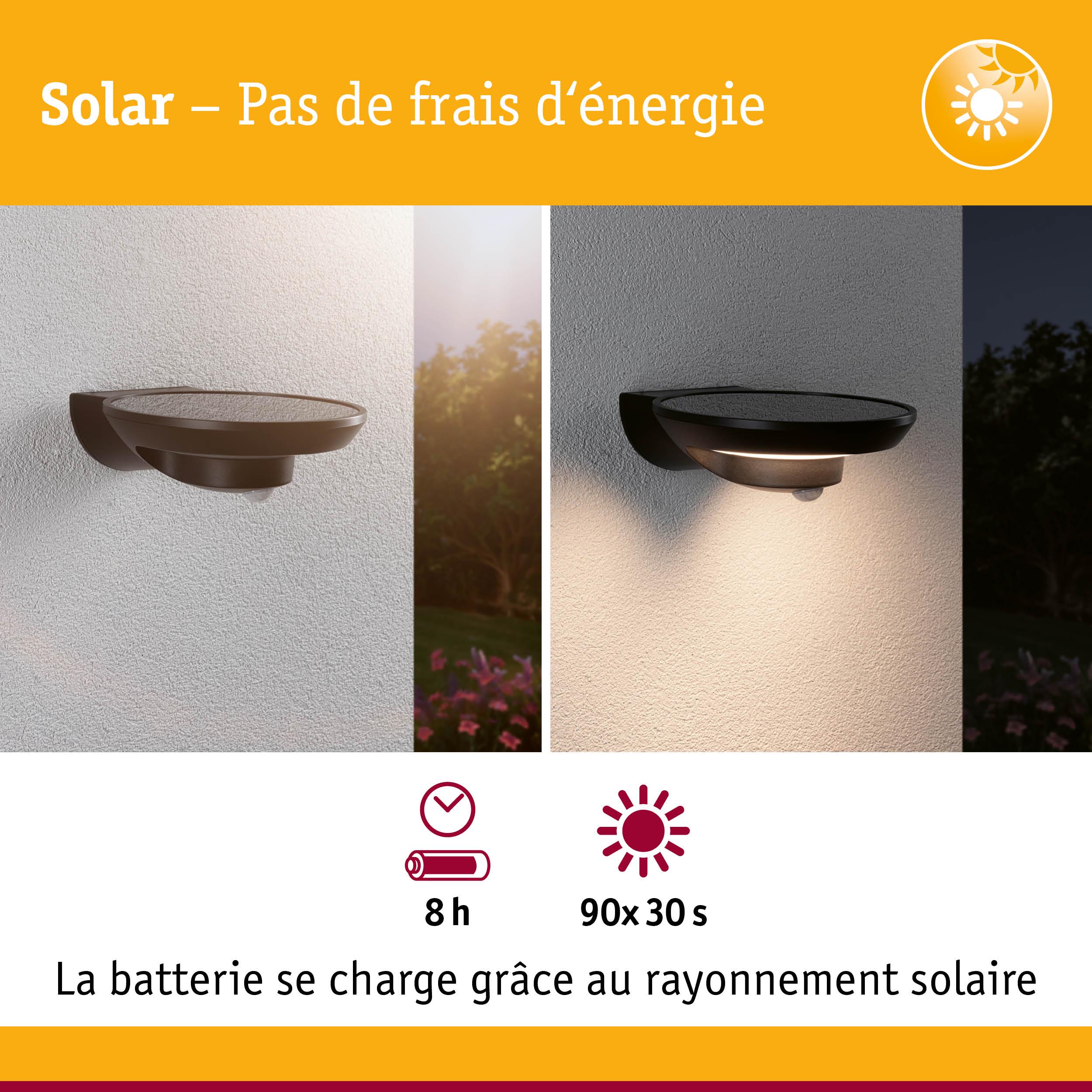 Applique murale solaire noire avec détecteur de mouvement, éteinte le jour, lumière blanche chaude la nuit