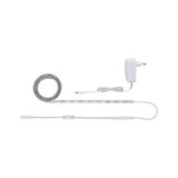 White LED strip with power adapter and dimmer for versatile indoor lighting solutions