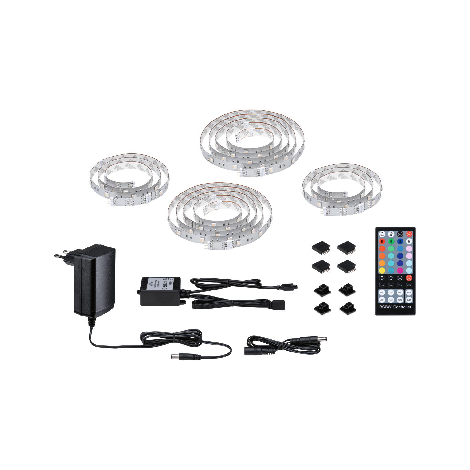 RGBW LED strip kit with remote, power adapter and cables for versatile colour lighting setup