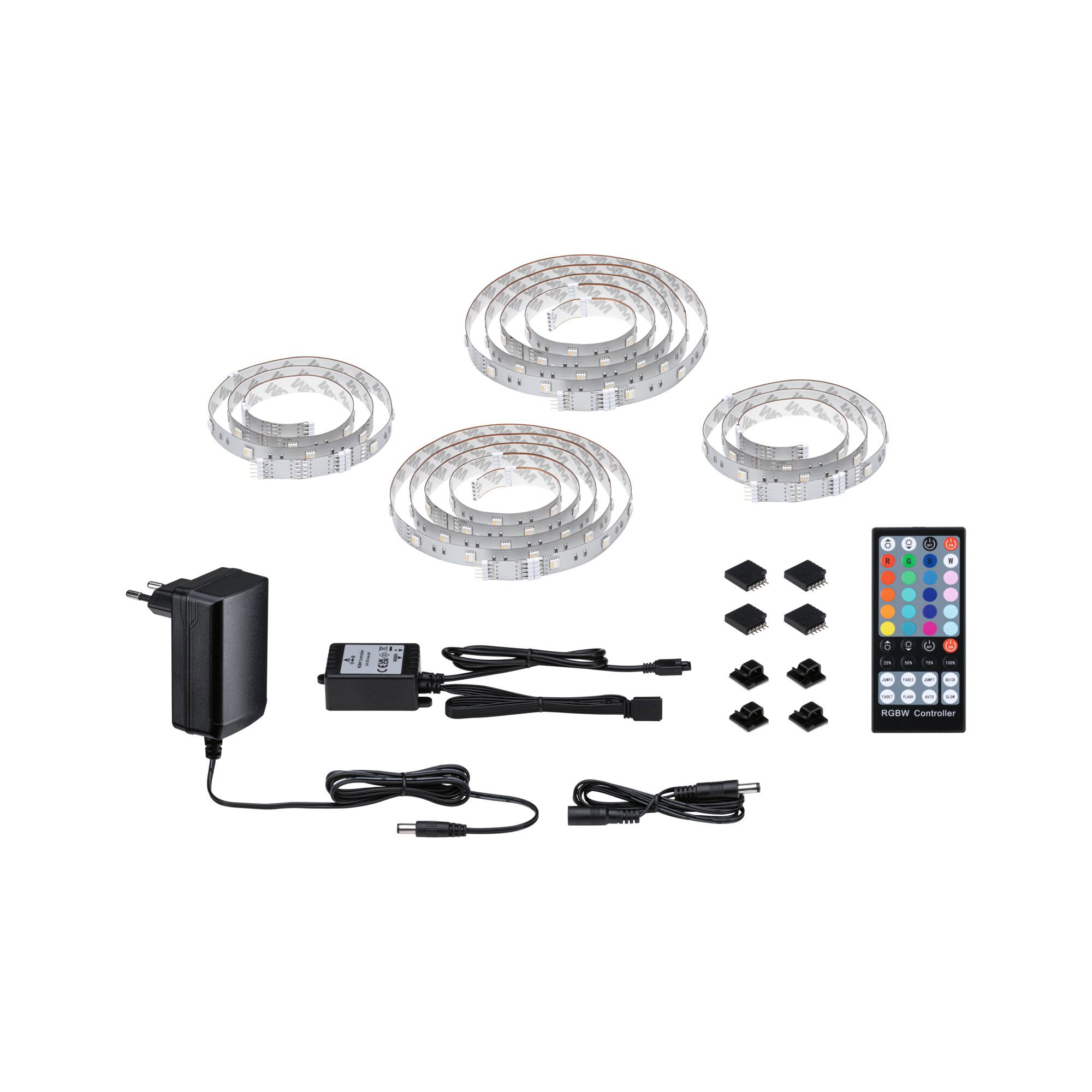 RGBW LED-Lichtband Set mit Fernbedienung, Netzteil und Verbindungskabeln für flexible Farbbeleuchtung