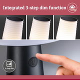 Black lamp with white ribbed shade featuring integrated 3-step dim function controlled by button