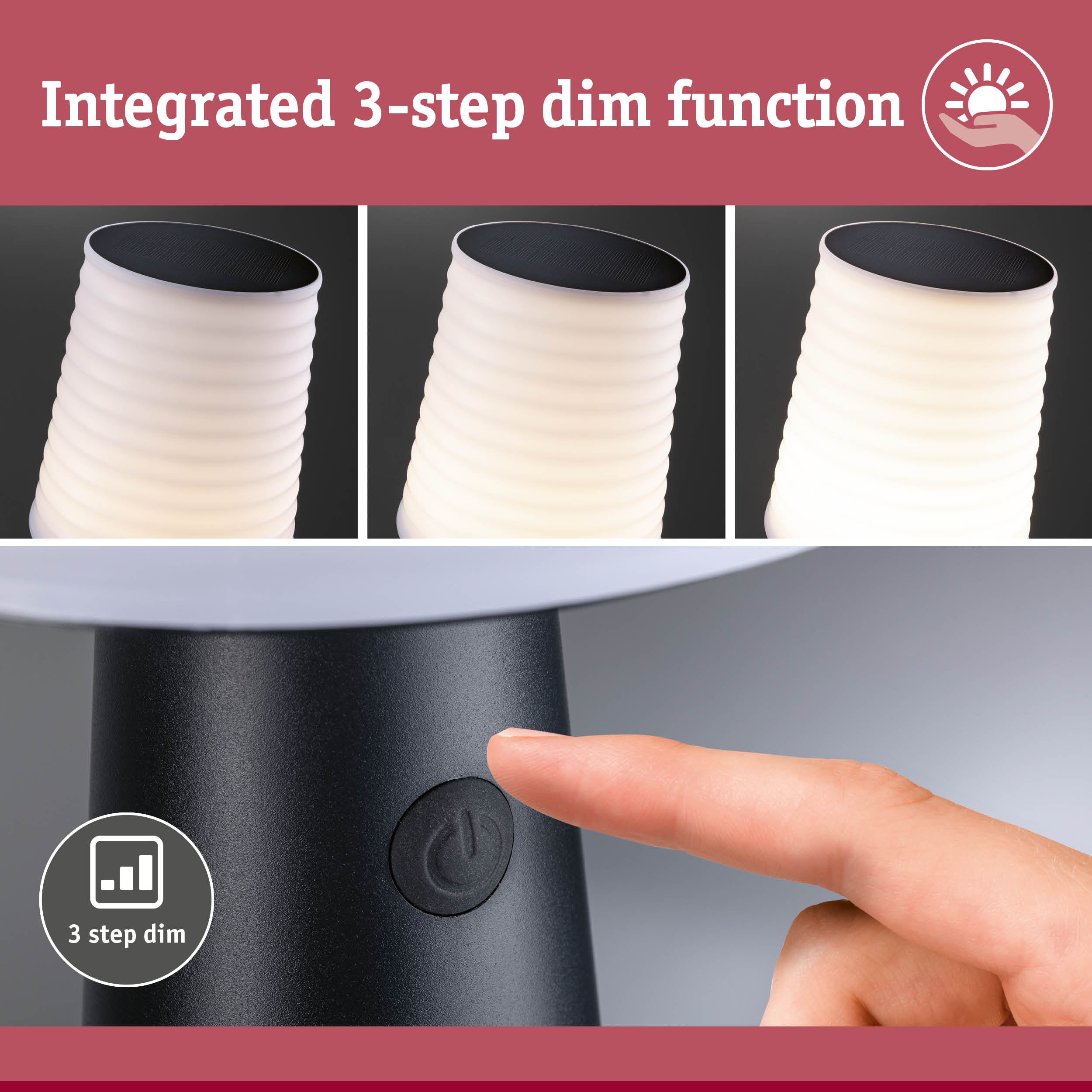 Black LED table lamp with white ribbed shade and integrated 3-step dim function controlled by button