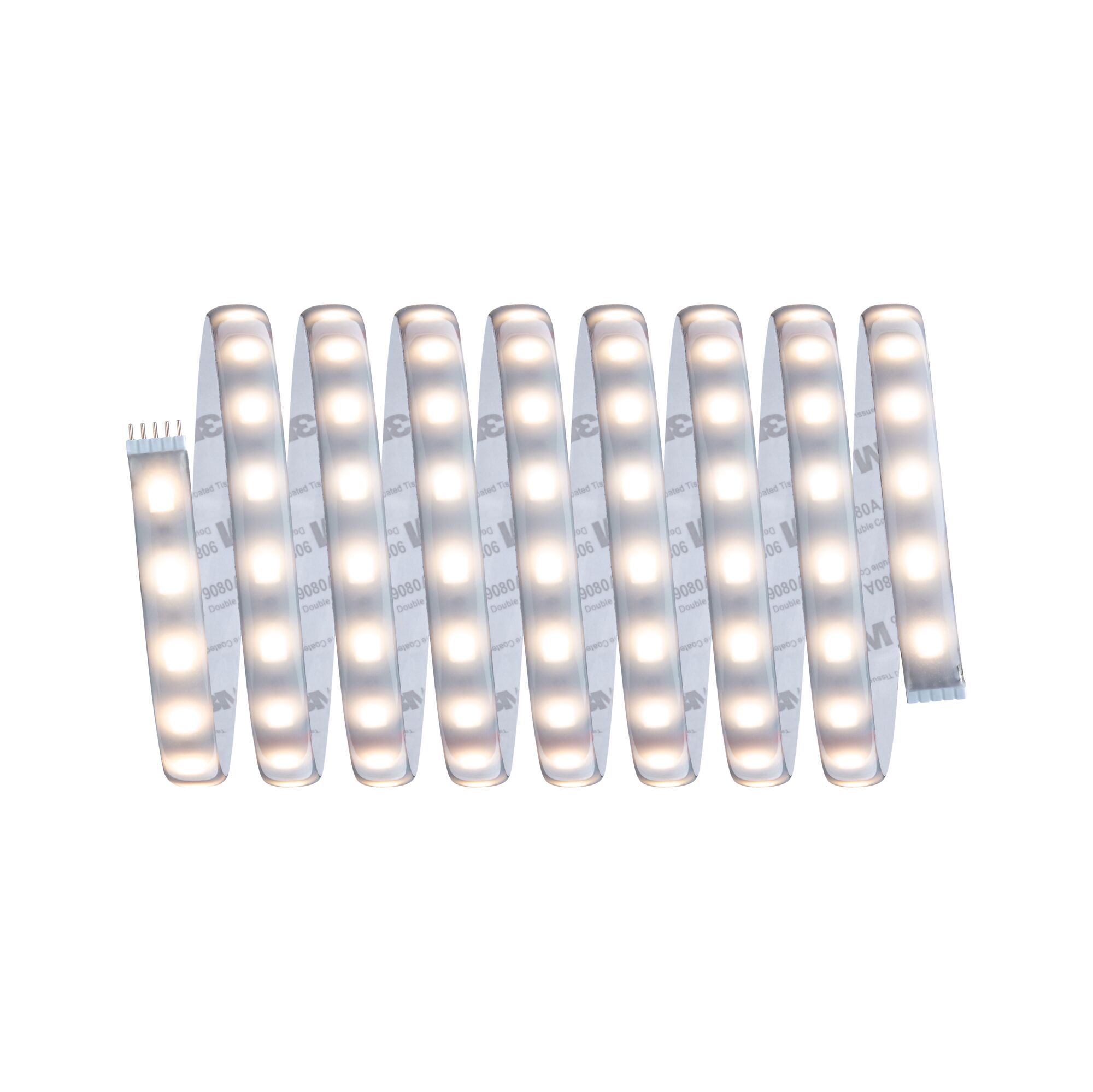 Flexible LED strip light with warm white glow and adhesive backing for versatile lighting solutions.