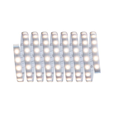 Flexible LED strip light with warm white glow and adhesive backing for versatile lighting solutions.