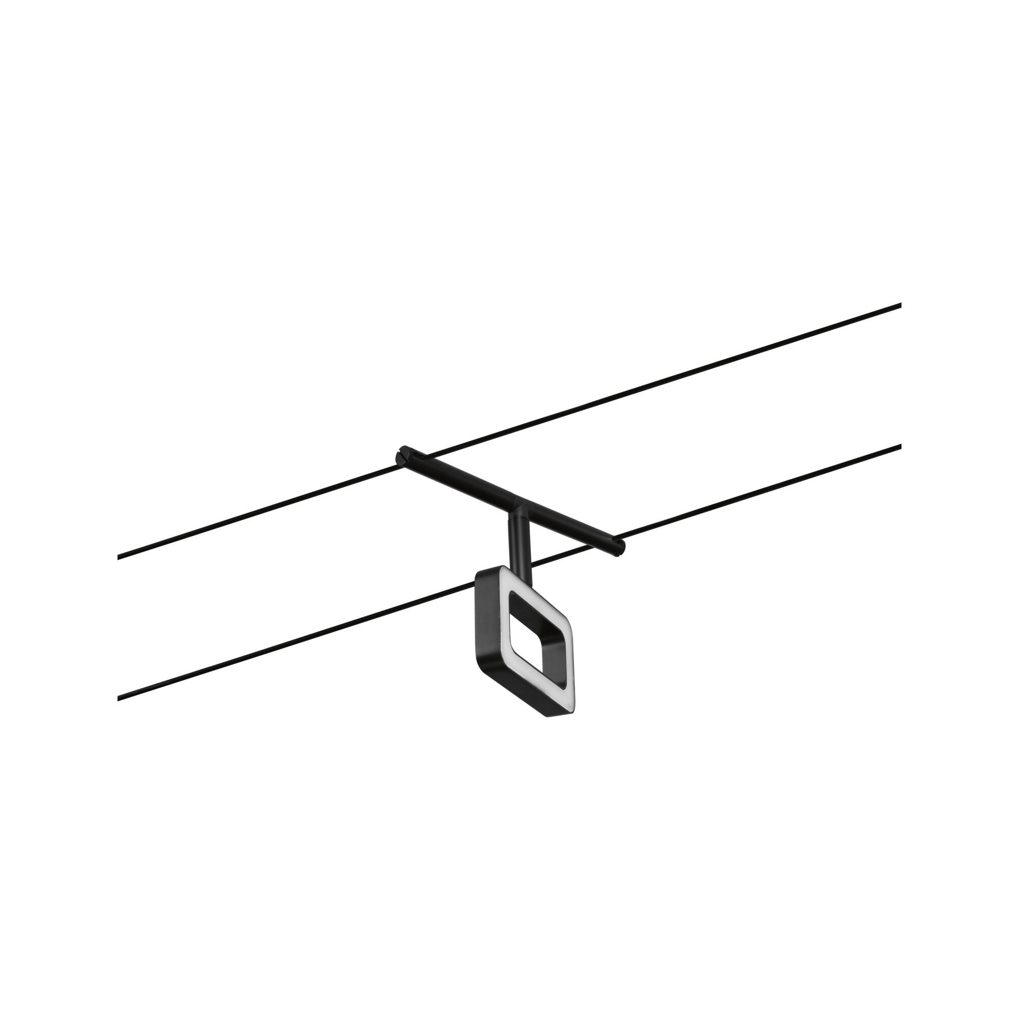 Zwarte LED-kabelophanging met vierkante metalen lichtbehuizing voor moderne verlichting.