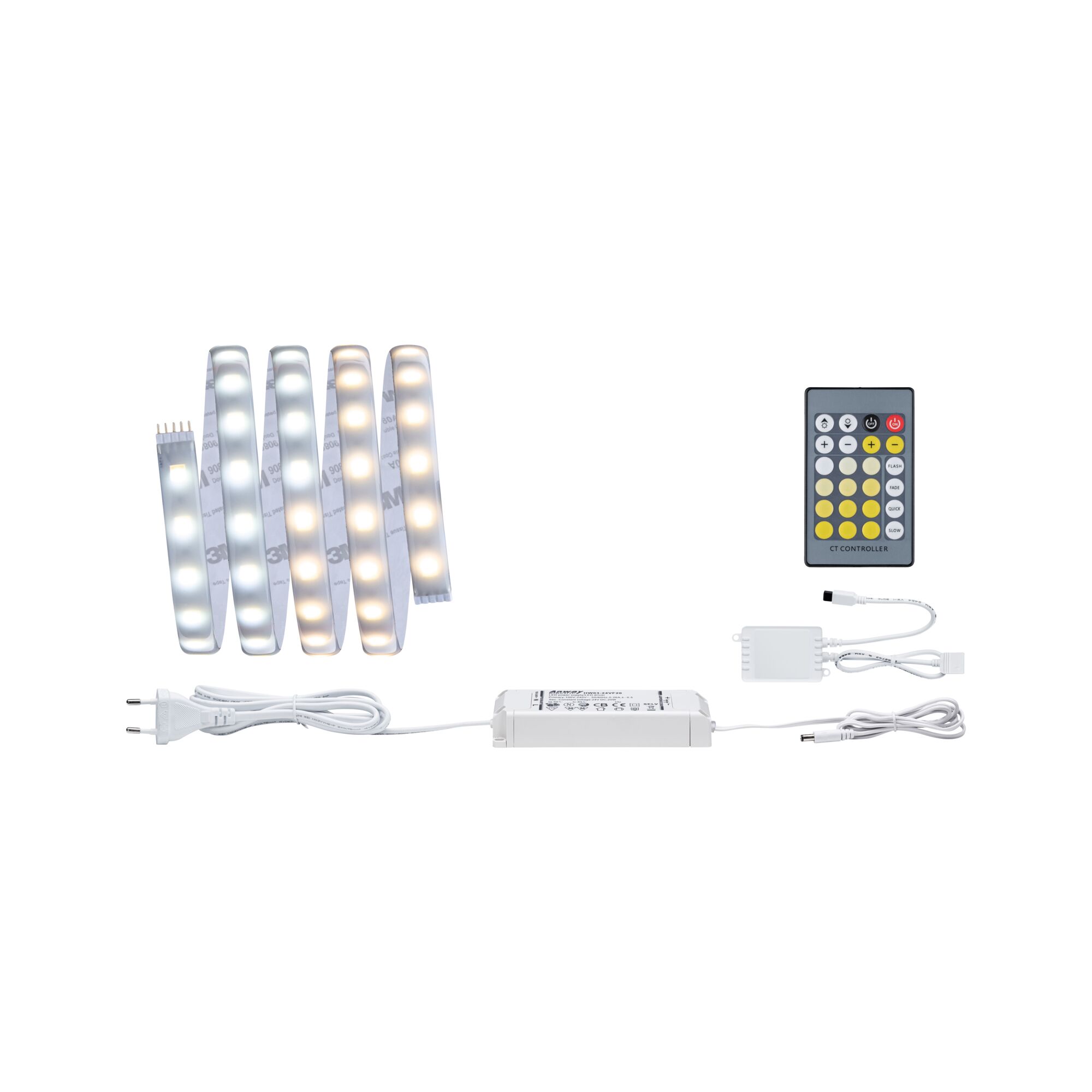 Witte LED-strip met afstandsbediening en voeding, dimbaar voor veelzijdige verlichting