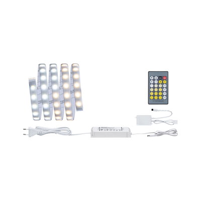White LED strip light with remote and power supply for adjustable lighting and colour temperature control
