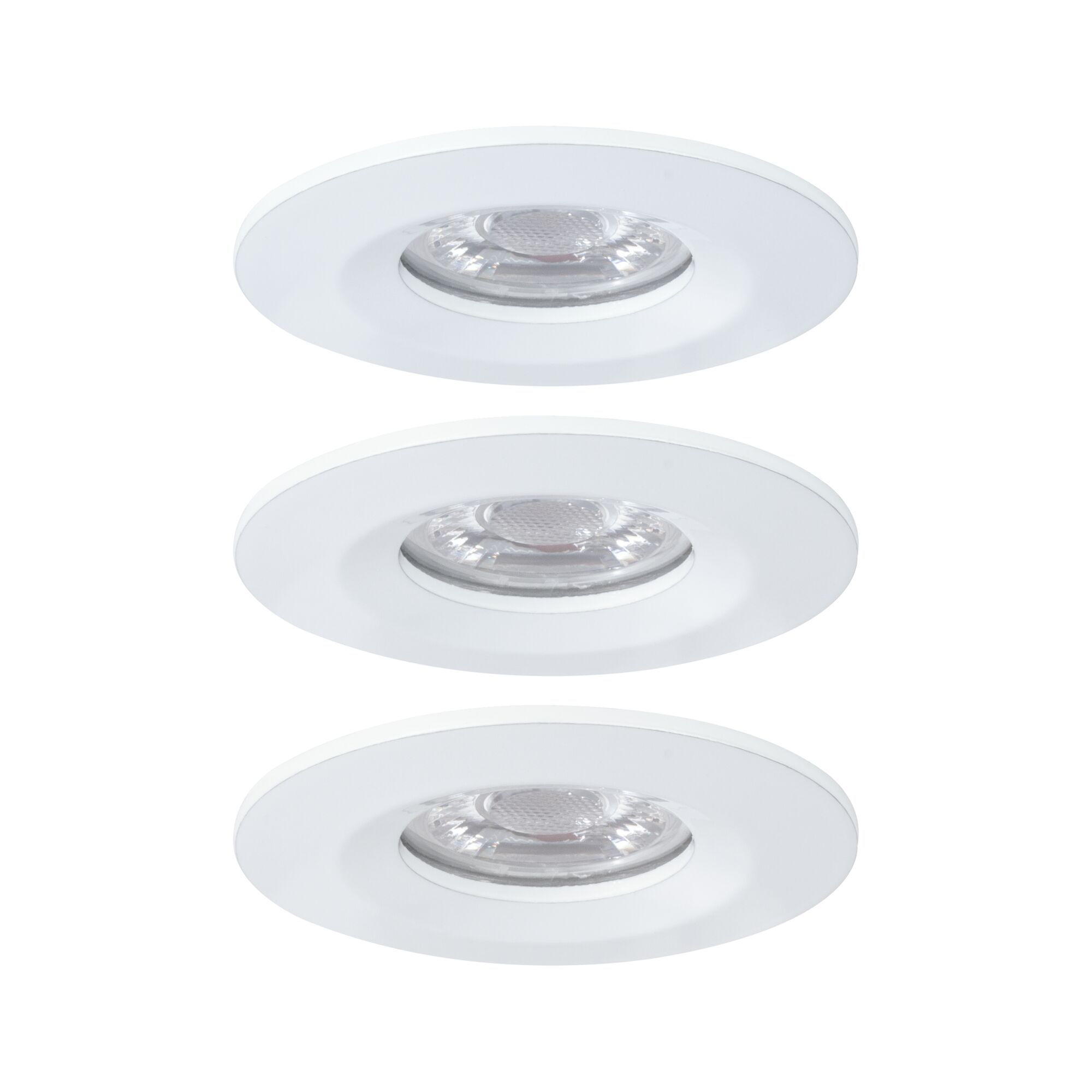 Three white plastic recessed LED spotlights for energy-efficient room lighting