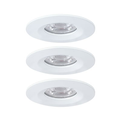 Three white plastic recessed LED spotlights for energy-efficient room lighting