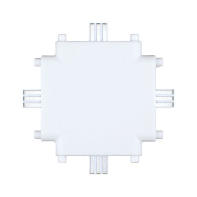 Witte kunststof connector voor LED-rails met vier aansluitpunten