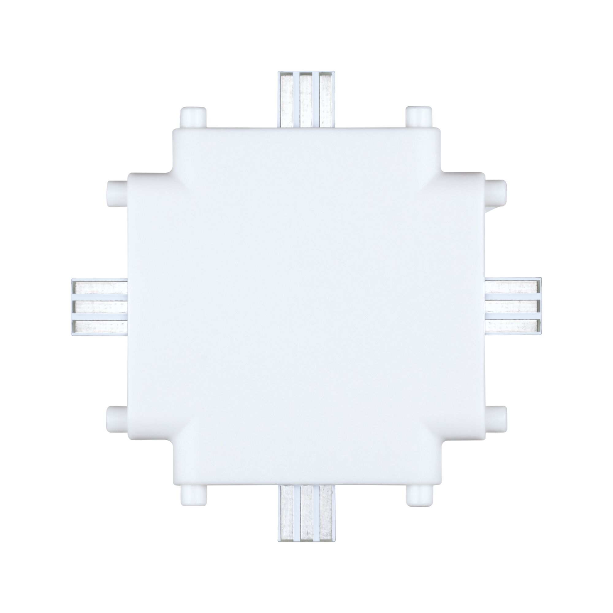 White plastic connector for LED track lighting with four connection points