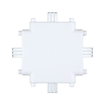 White plastic connector for LED track lighting with four connection points