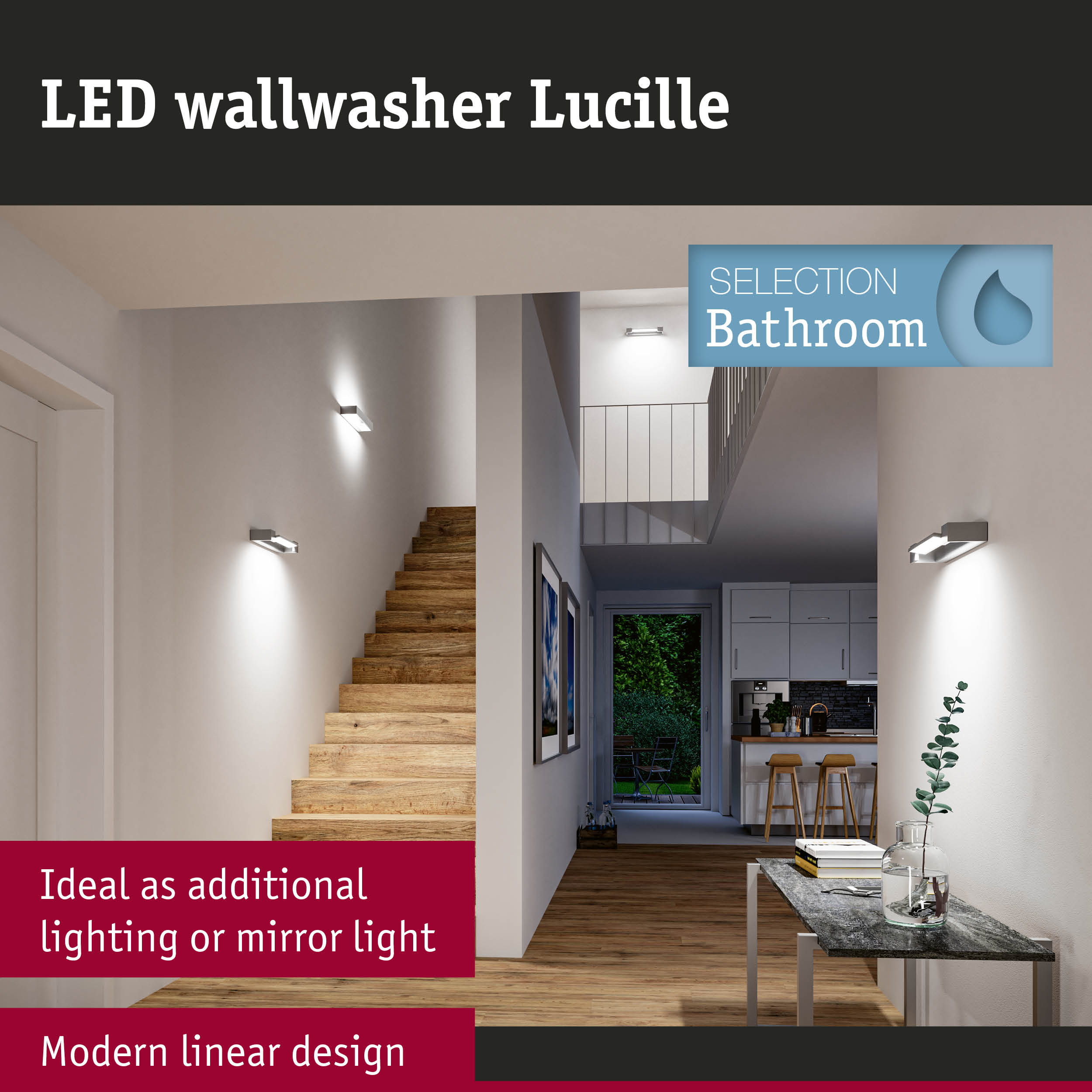 LED wallwasher Lucille with modern linear design, white finish, ideal for additional wall or mirror lighting
