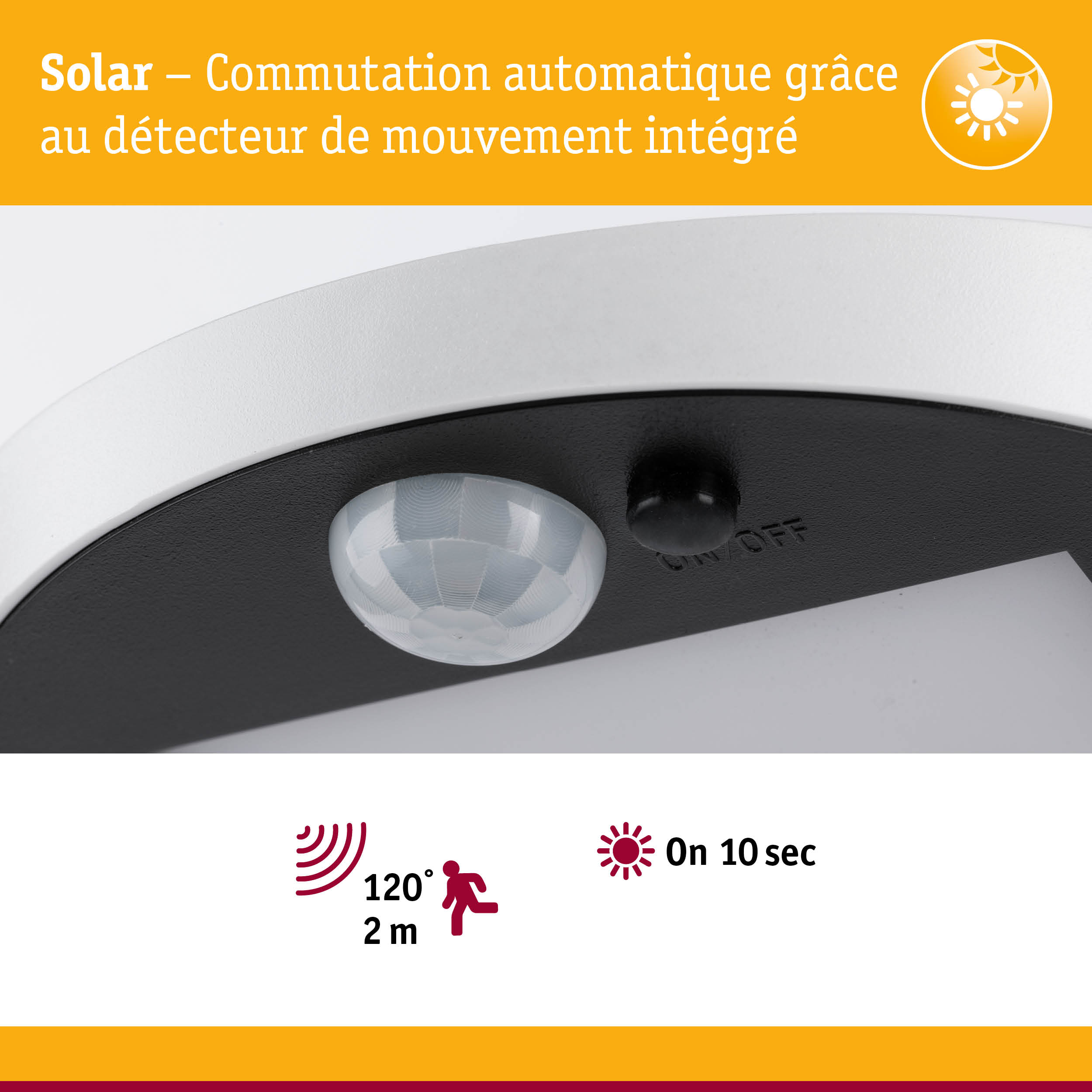 Gros plan d'un détecteur de mouvement blanc avec capteur solaire intégré pour commutation automatique