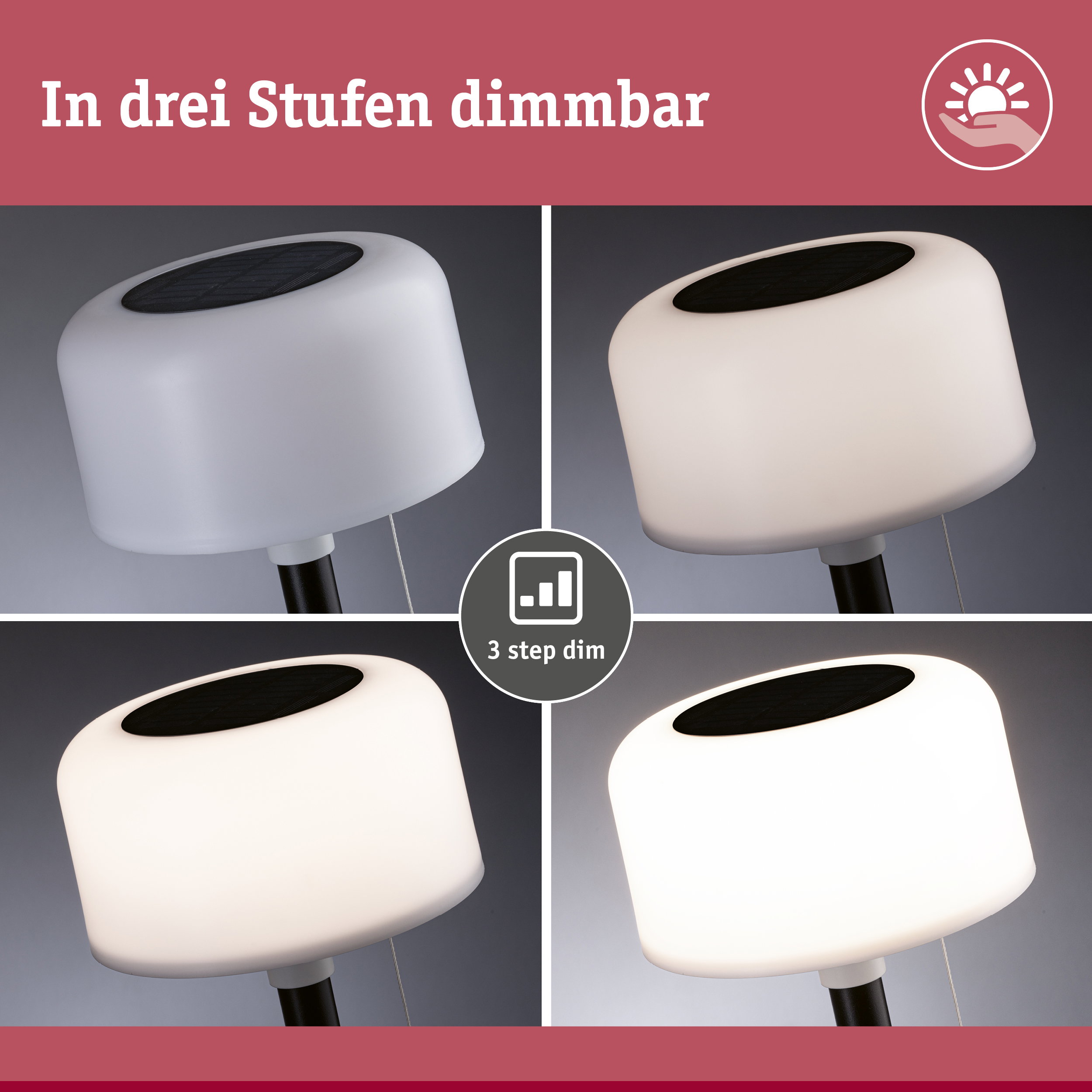 Weiße LED-Tischlampe mit schwarzem Solarpanel, dimmbar in drei Stufen für energiesparende Beleuchtung