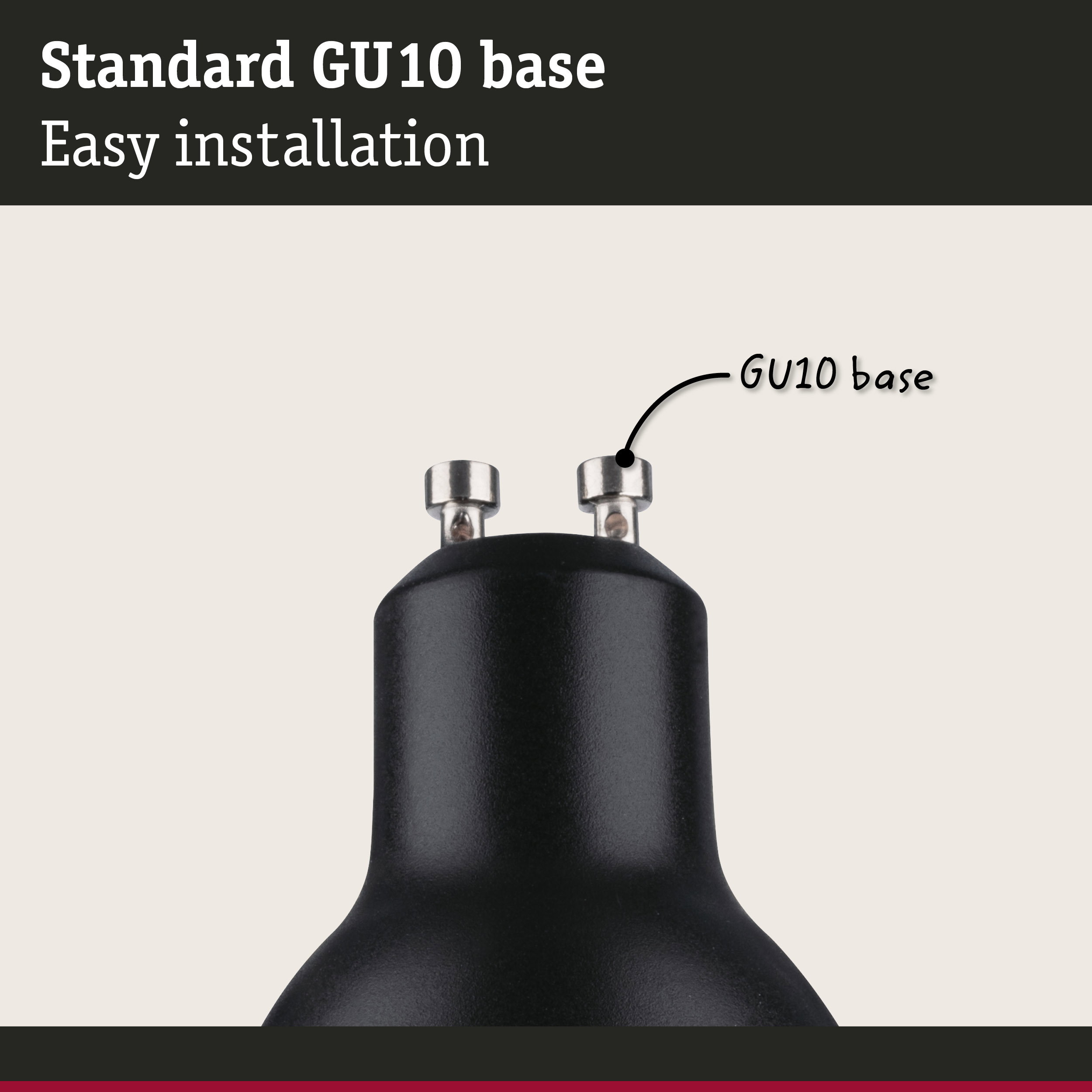 Black metal GU10 lamp base with standard connection for easy installation