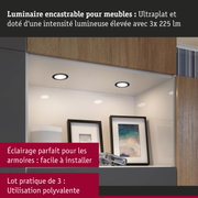 Luminaire encastrable ultrafin noir pour meubles avec forte intensité lumineuse, lot pratique de 3